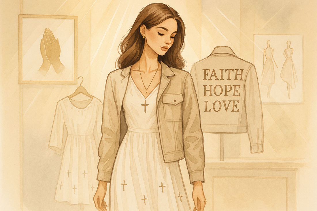 Stylish woman in faith-inspired fashion with cross necklace and jacket.