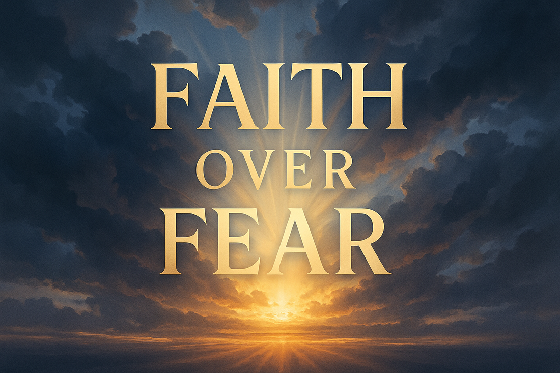 Inspiring sunrise with bold textFaith Over Fear" in golden light