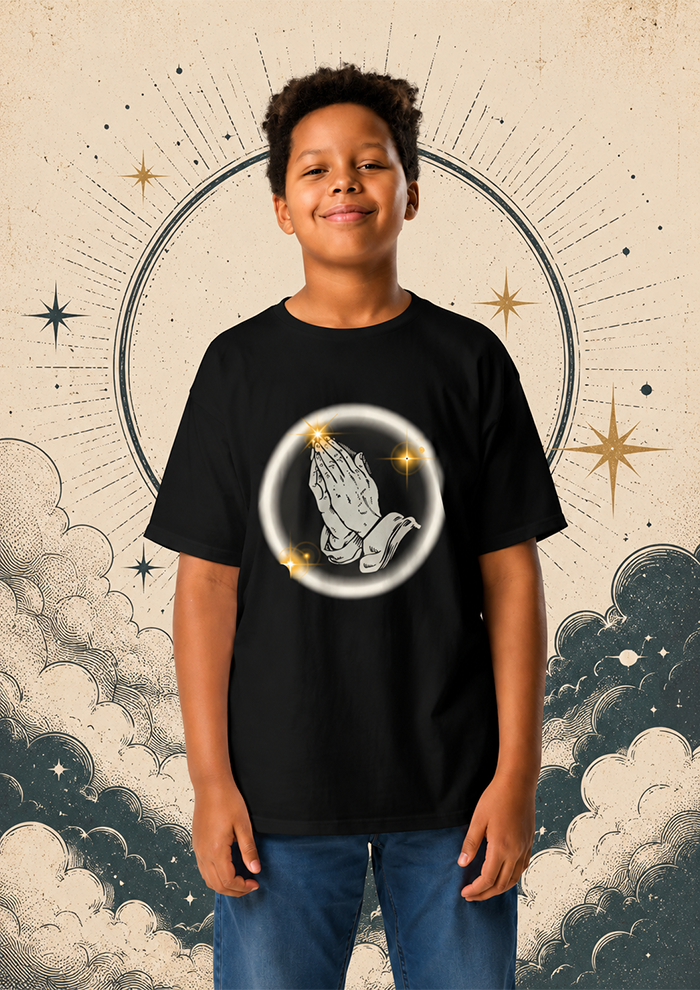 Spiritual kids graphic tees with faith-inspired heart and Jesus designs.