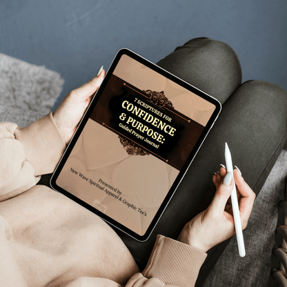 Confidence & Purpose Journal - Spiritual Growth eBook displayed on a tablet, featuring a guided prayer journal cover with elegant design elements.