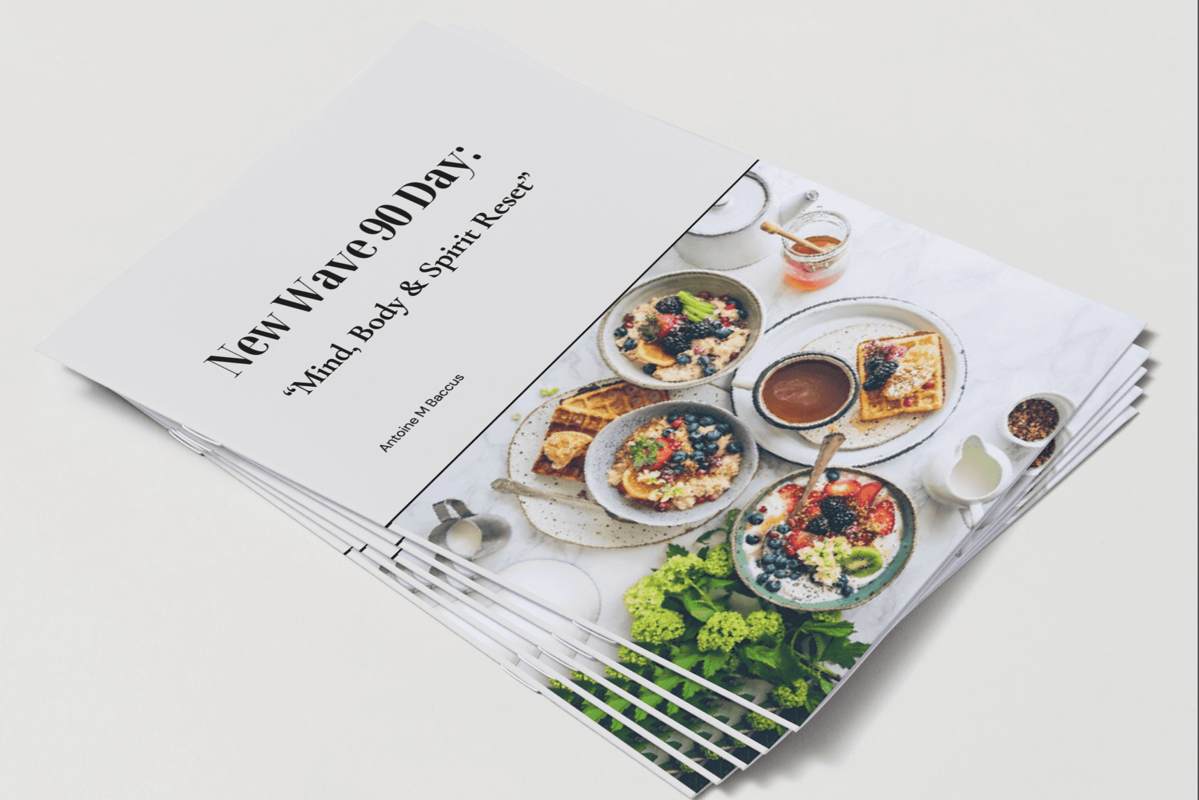 Stack of New Wave 90 Day: Mind, Body & Spirit Reset Transformation digital wellness program booklets featuring healthy meals on the cover. Ideal for Christian health, fitness, and spiritual growth.