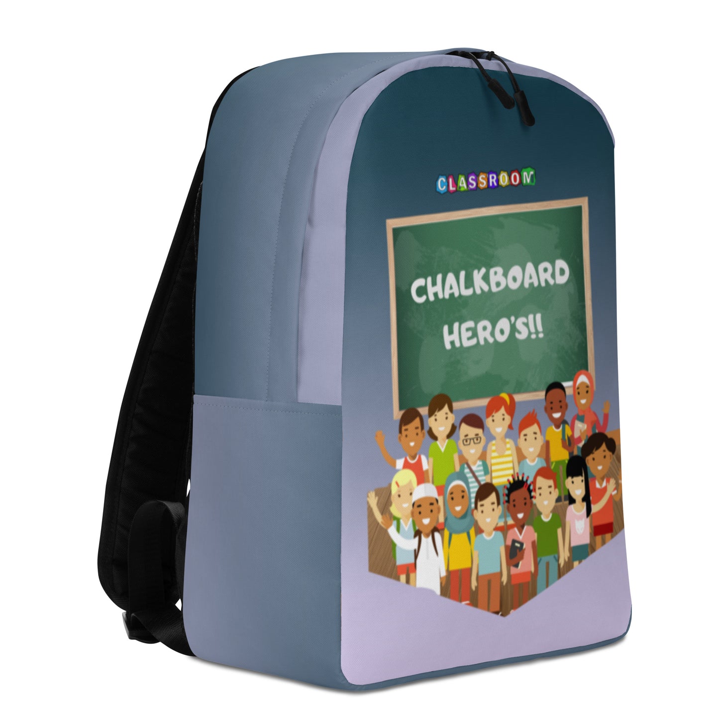 Classroom backpack with colorful kids illustration and chalkboard design